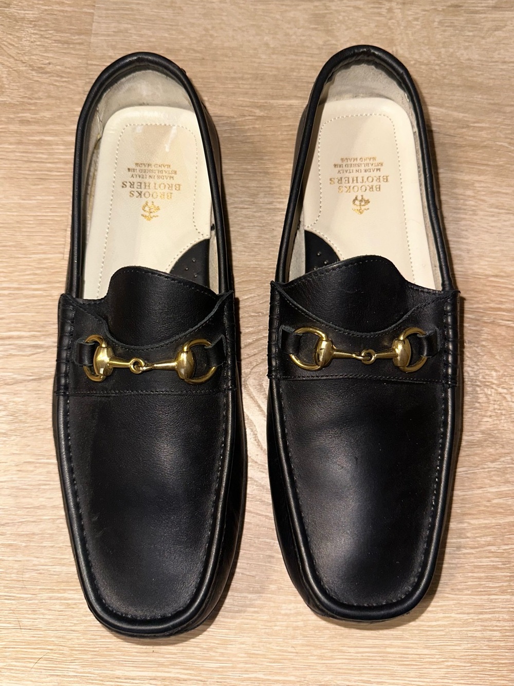 Brooks Brothers Black Leather Horsebit Loafers Hand Made Italy Gold Bit Unworn